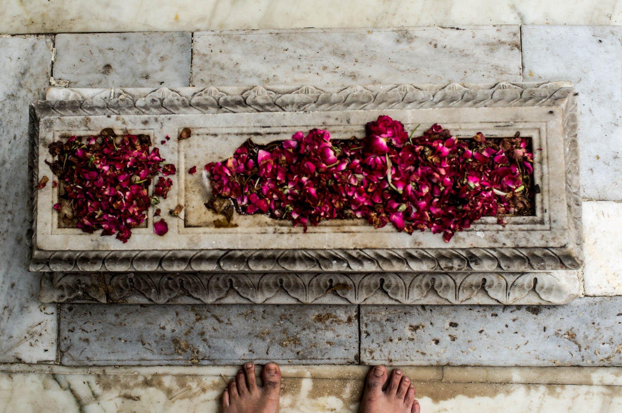 Rose petals on a marble grave